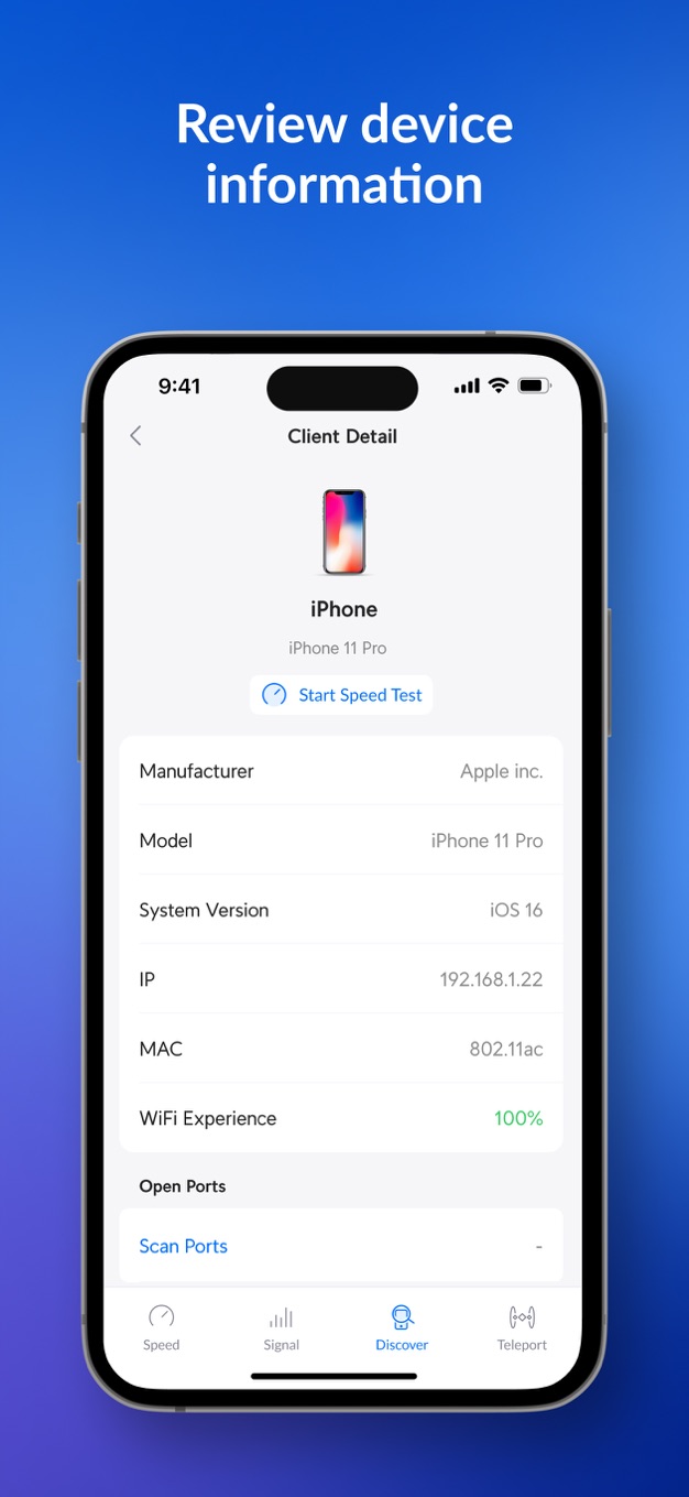 WiFiman 的 Client Detail 页:厂商、型号、系统版本、IP、MAC 与 WiFi Experience 字段