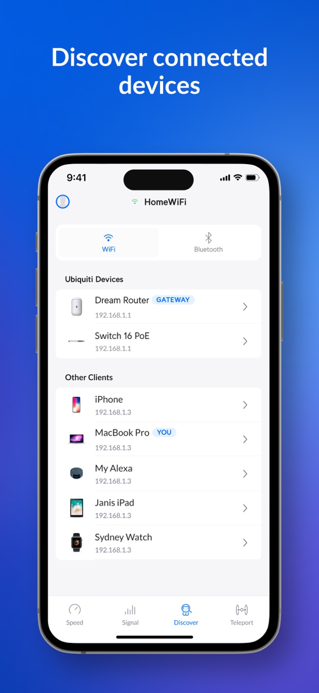 Discover 页里的 UniFi 网关设备(GATEWAY 徽标),Teleport 的服务端就是它