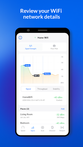 Android 端 Signal 页,中部可见 Signal / Throughput / Stability 三个切换页签