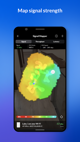 WiFiman 的 Signal Mapper 界面:摄像头画面上叠加绿黄橙红的信号热力图