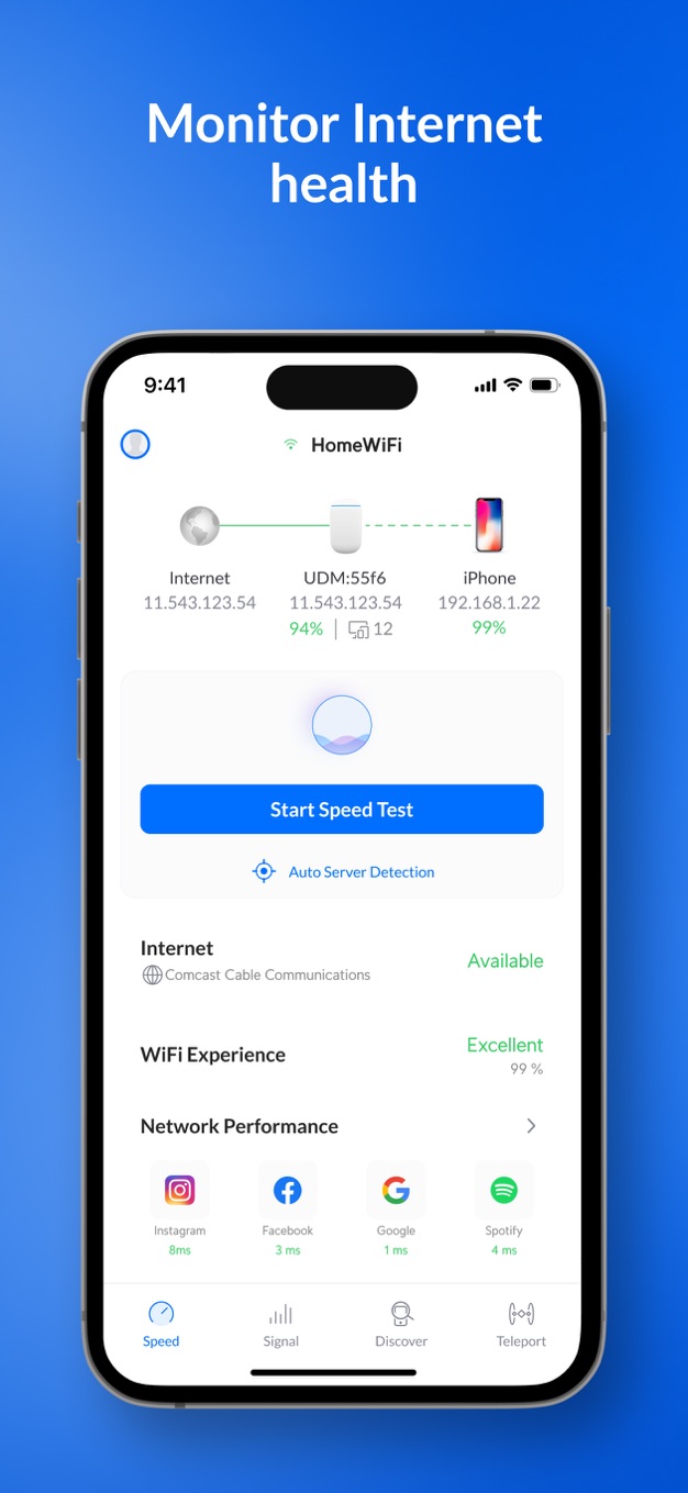 WiFiman 的 Speed 页:连接概览、Start Speed Test 按钮与网络性能分区