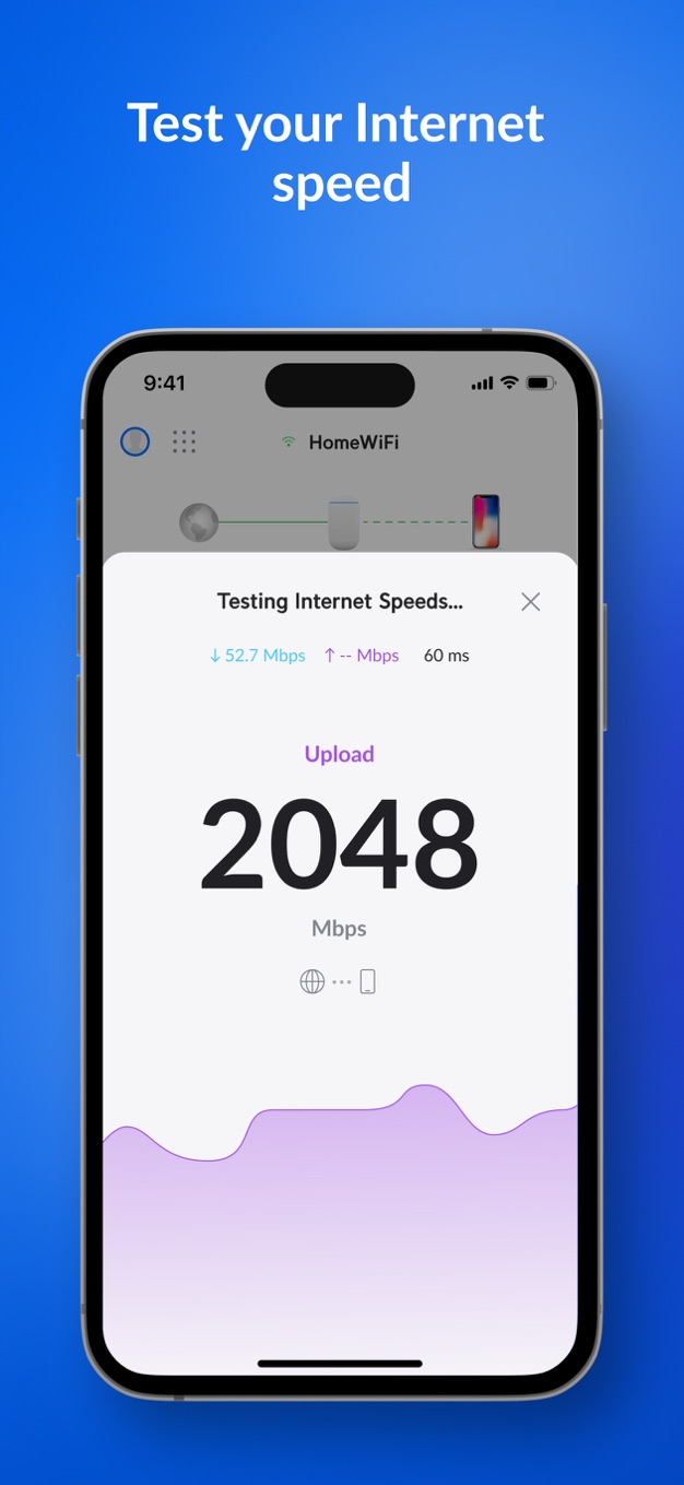 WiFiman 测速完成界面:iPhone 上跑出上传 2048 Mbps 的结果